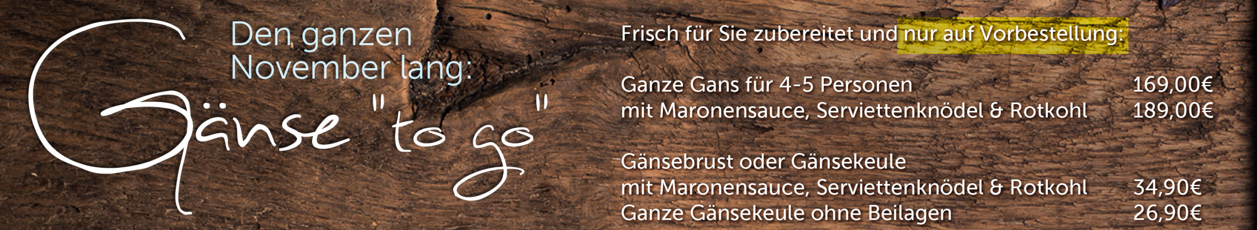 Gaense to go. Ganze Gans, Gänsebrust oder Gänsekeule. Den ganzen November lang. Fleischerei Erkes Glehn. Gaense to go. Ganze Gans, Gänsebrust oder Gänsekeule. Den ganzen November lang. Fleischerei Erkes Glehn.